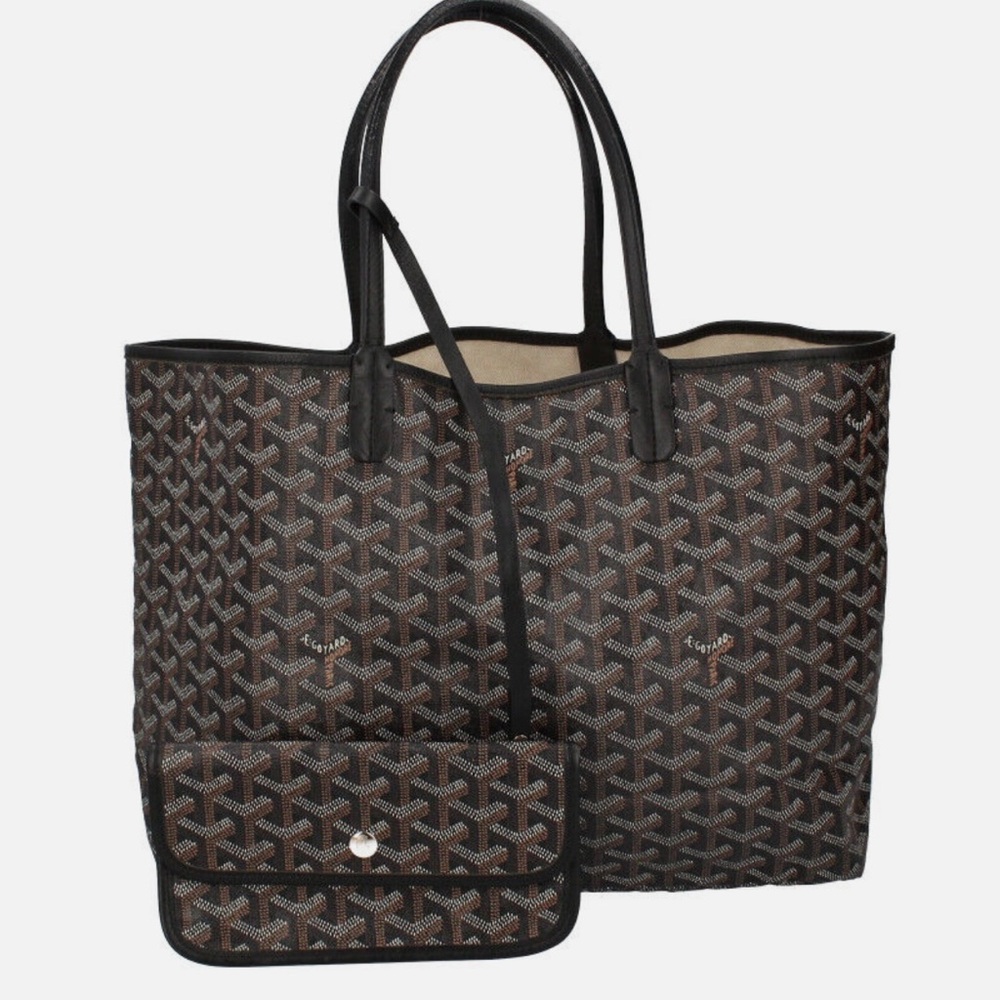 Auth GOYARD Saint Louis PM Black Brown Multi Coated Canvas Leather Tote Bag